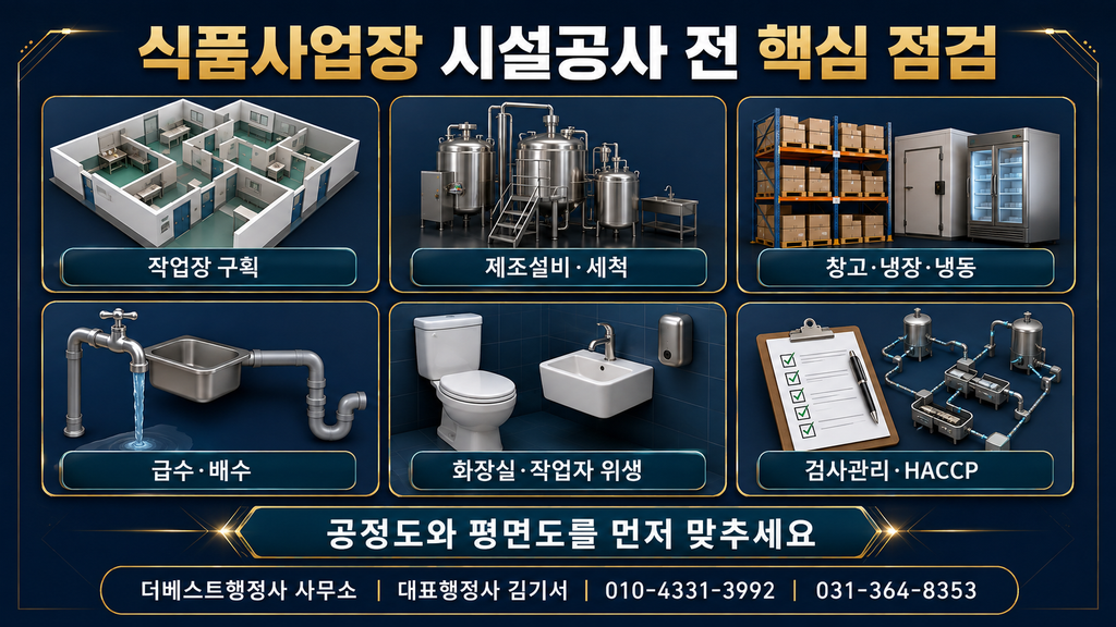 작업장 구획·제조설비·창고·급수·화장실·검사관리 등 식품사업장 시설공사 전 점검사항