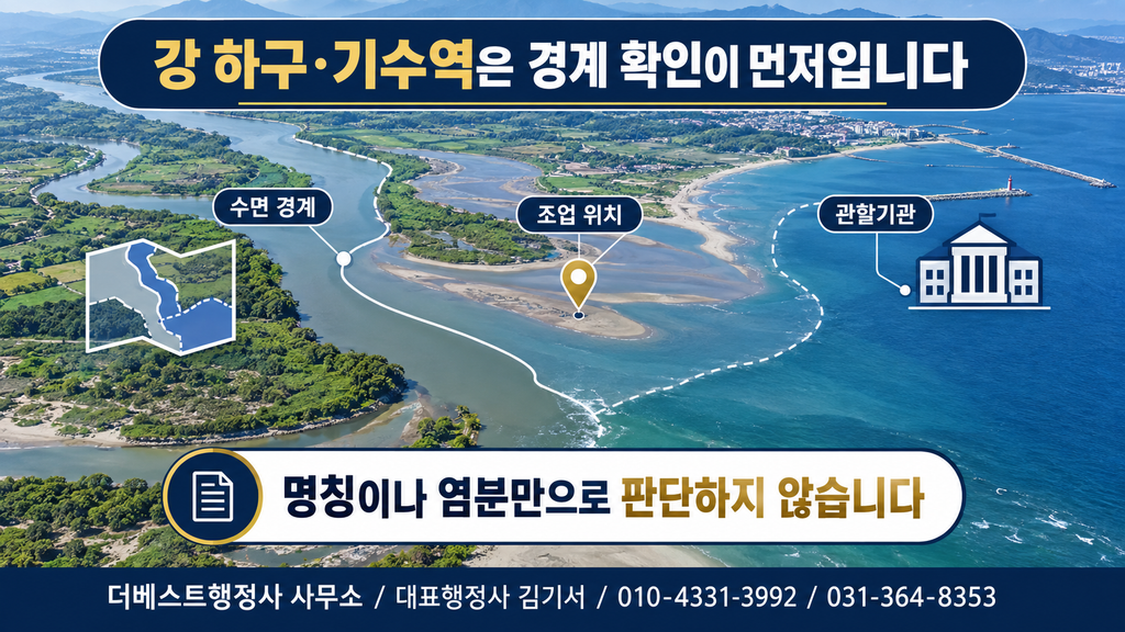 강 하구와 기수역에서 법정 수면구역과 관할기관을 확인하는 이미지