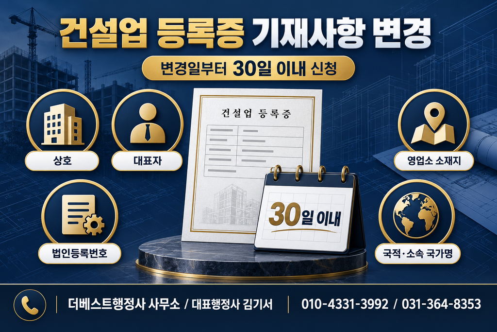상호·대표자·영업소 소재지 등 건설업 등록증 변경사항의 30일 이내 신청 안내