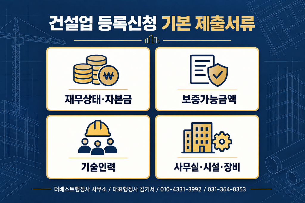 건설업 등록신청의 자본금 보증 기술인력 사무실 제출서류 구분