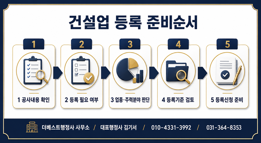 건설업 등록 준비순서를 다섯 단계로 설명한 이미지