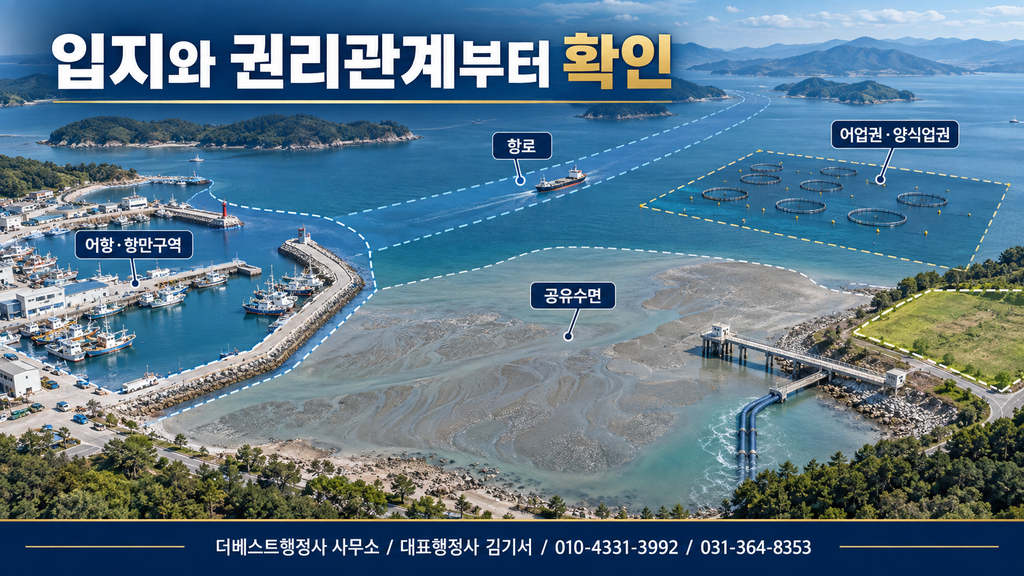 해양공간과 기존 어업권 양식업권 항로 공유수면 및 어항구역을 확인하는 이미지