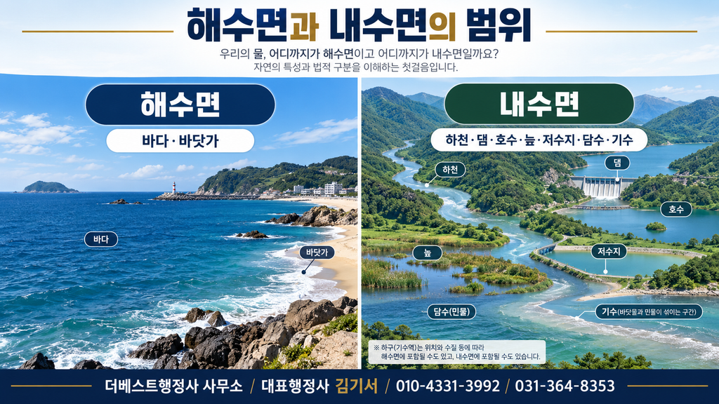 해수면과 내수면에 포함되는 수면의 범위를 비교한 이미지