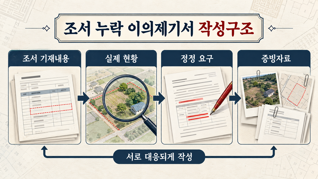 조서 기재내용 실제 현황 정정 요구 증빙자료가 대응되는 이의제기서 작성구조 이미지