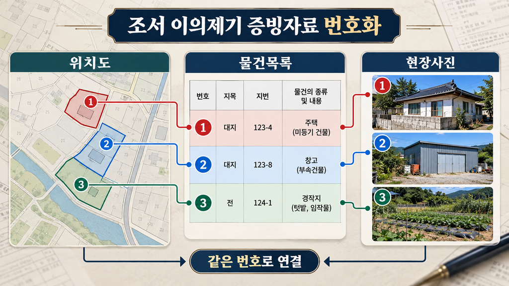 : 위치도 물건목록 현장사진에 같은 번호를 붙여 누락된 물건의 증빙관계를 정리한 이미지