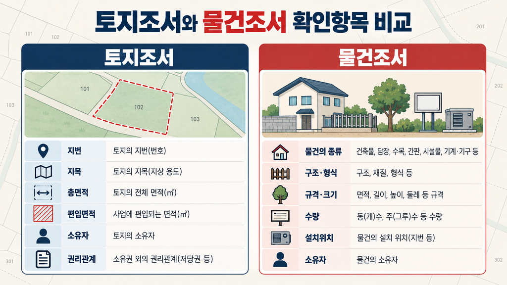 토지조서의 지번 면적 권리관계와 물건조서의 종류 규격 수량 소유관계를 비교한 이미지